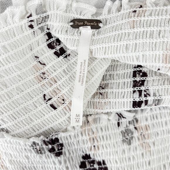 Free People Delta Dawn Floral Mesh Smocked Top M half Sleeve Boho Peasant Blouse - Picture 5 of 5